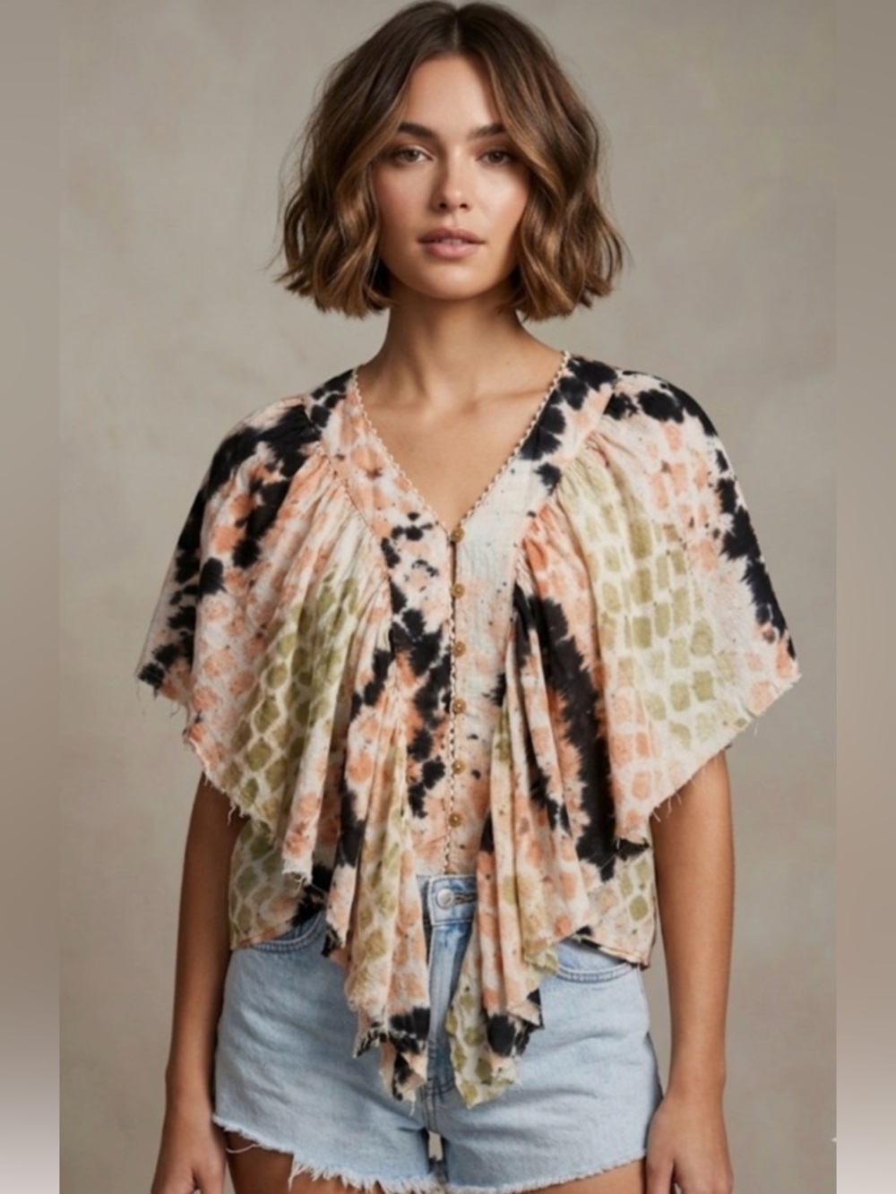 One Teaspoon Peach, Black Olive TieDye Flutter Sleeve Blouse boho XXS runs large